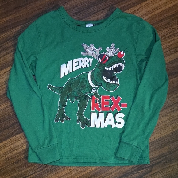 George Merry Rex Mas Green Long Sleeve Tee with Festive Dinosaur Size M (7-8) - Picture 1 of 2